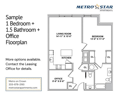 Floor plan for 1 bed, 1.5 baths, 914 sqft
